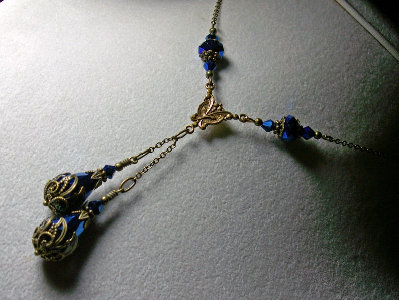 Metallic Blue Victorian Choker, Peacock Blue Gothic, Double Drop Dark Blue Edwardian Antique Gold Bronze Steampunk Titanic Temptations 12002 image 2