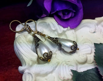 Ivory Shell Pearl Victorian Earrings, White Gothic Pearl Drop, Edwardian Bridal Pearl Teardrop, Antique Gold Bronze, Titanic Temptations