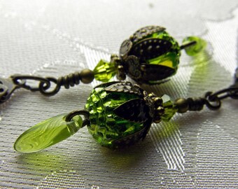 Lime Green Victorian Earrings, Gothic Peridot Drops, Olivine Steampunk, Edwardian Bridal Dangles, Antiqued Bronze, Titanic Temptations 11037