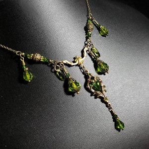 Peridot Green Victorian Choker, Gothic Heart, Lime Green Heartstone, Olivine Edwardian Bridal, Antique Gold Bronze Titanic Temptations 23005 image 1