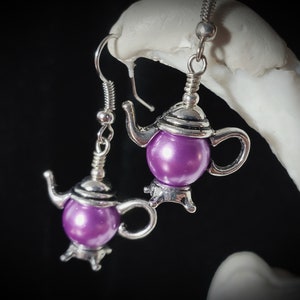 Purple Pearl Teapot Earrings, Tiny Silver Teapot, Miniature Teapots, Victorian Teapot Charms, Amethyst Pearls, Titanic Temptations 21012 image 3