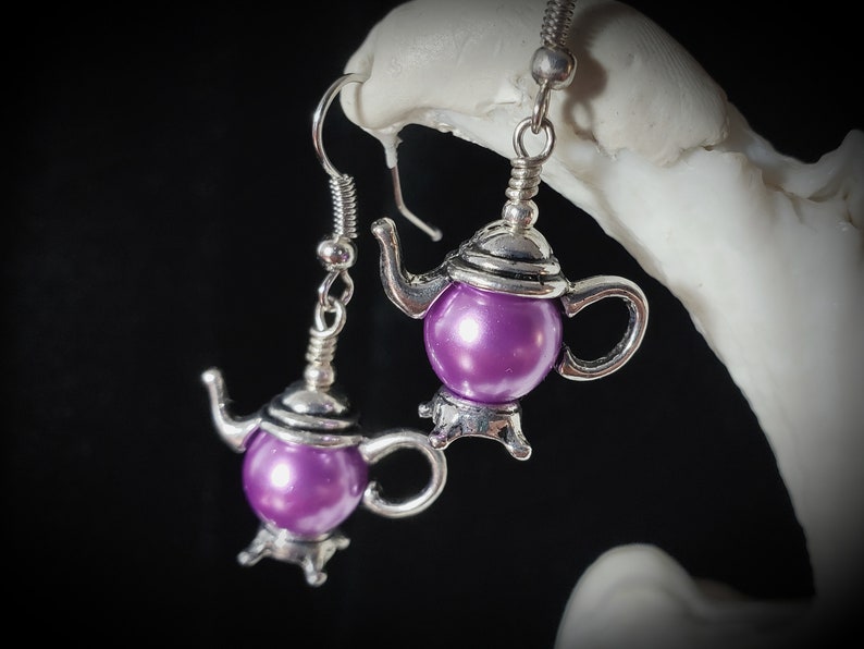 Purple Pearl Teapot Earrings, Tiny Silver Teapot, Miniature Teapots, Victorian Teapot Charms, Amethyst Pearls, Titanic Temptations 21012 image 3
