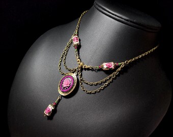 Dark Pink Rose Victorian Locket Necklace, Raspberry Red Gothic Rose, Edwardian Bridal Rosebud, Antique Gold Bronze Titanic Temptations 25001