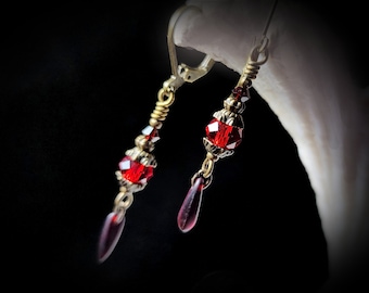 Blood Red Victorian Earrings, Crimson Gothic, Scarlet Steampunk, Dark Red Edwardian Bridal, Antique Gold Bronze, Titanic Temptations 23004