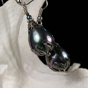 Large Silver Shell Pearl Victorian Earrings, Gothic Black Teardrop Pearl, Rainbow Luster, Antique Silver Gunmetal, Titanic Temptations 14013 image 3