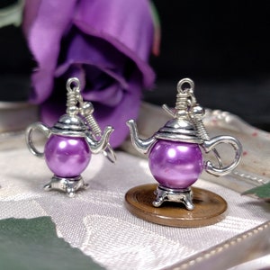 Purple Pearl Teapot Earrings, Tiny Silver Teapot, Miniature Teapots, Victorian Teapot Charms, Amethyst Pearls, Titanic Temptations 21012 image 8