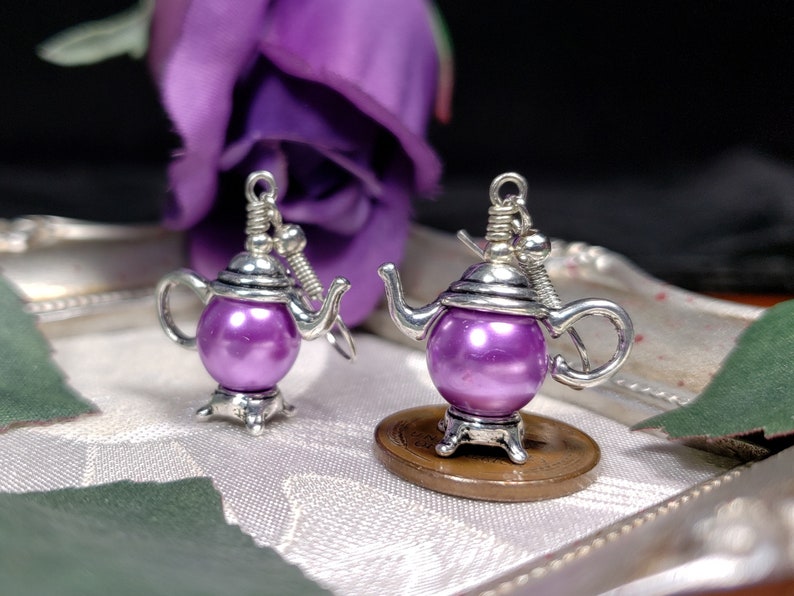 Purple Pearl Teapot Earrings, Tiny Silver Teapot, Miniature Teapots, Victorian Teapot Charms, Amethyst Pearls, Titanic Temptations 21012 image 8