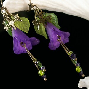 Purple Dragonfly Lily Victorian Earrings, Amethyst Flower Green Leaf Frosted Lucite Edwardian Bridal Dangle Drop Titanic Temptations 13018 image 3