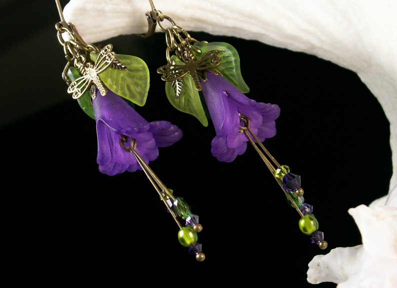 Purple Dragonfly Lily Victorian Earrings, Amethyst Flower Green Leaf Frosted Lucite Edwardian Bridal Dangle Drop Titanic Temptations 13018 image 3