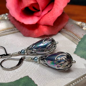 Peacock Blue Shell Pearl Victorian Earrings, Lustrous Rainbow Teardrop, Gothic Black Pearl Antique Silver Gunmetal Titanic Temptations 21011 image 2