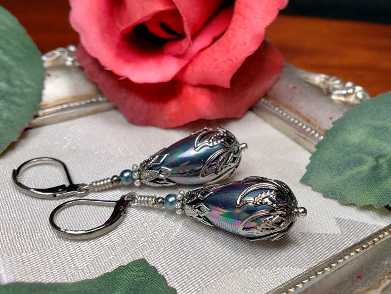 Peacock Blue Shell Pearl Victorian Earrings, Lustrous Rainbow Teardrop, Gothic Black Pearl Antique Silver Gunmetal Titanic Temptations 21011 image 2