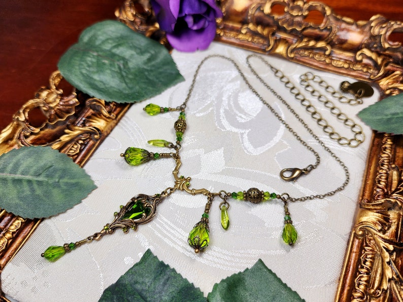 Peridot Green Victorian Choker, Gothic Heart, Lime Green Heartstone, Olivine Edwardian Bridal, Antique Gold Bronze Titanic Temptations 23005 image 2