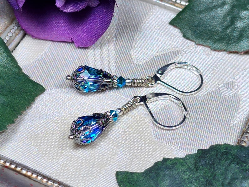 Bermuda Blue Victorian Earrings, Small Teardrop, Aqua Blue Purple Gothic, Edwardian Bridal Antique Silver Gunmetal Titanic Temptations 23003 image 3