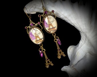 Eiffel Tower Victorian Earrings, Gothic Paris. French Steampunk Charm, Purple Drop, Edwardian Antique Gold Bronze Titanic Temptations 25005