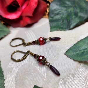 Blood Red Victorian Earrings, Crimson Gothic, Scarlet Steampunk, Dark Red Edwardian Bridal, Antique Gold Bronze, Titanic Temptations 23004 image 4