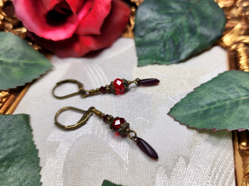 Blood Red Victorian Earrings, Crimson Gothic, Scarlet Steampunk, Dark Red Edwardian Bridal, Antique Gold Bronze, Titanic Temptations 23004 image 4