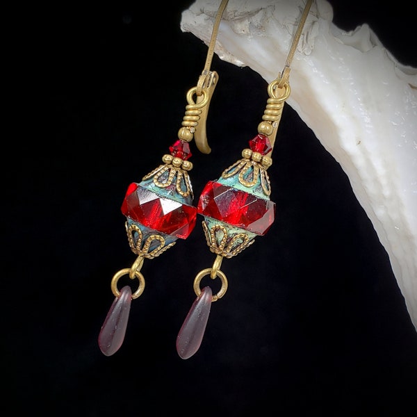 Ox Blood Red Victorian Earrings, Crimson Gothic, Picasso Drop Steampunk, Scarlet Edwardian Dangle, Antiqued Gold Bronze, Titanic Temptations