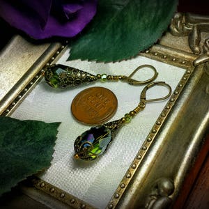 Peridot Green Gothic Earrings, Olivine Victorian Drop, Lime Teardrop Steampunk Olive Edwardian Antique Gold Bronze Titanic Temptations 18001 image 5