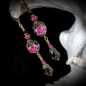 Dark Pink Rose Victorian Earrings, Pink Rosebud, Burgundy Gothic Rose, Ruby Edwardian Floral, Antique Gold Bronze, Titanic Temptations 22008 image 4