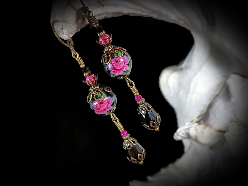 Dark Pink Rose Victorian Earrings, Pink Rosebud, Burgundy Gothic Rose, Ruby Edwardian Floral, Antique Gold Bronze, Titanic Temptations 22008 image 4