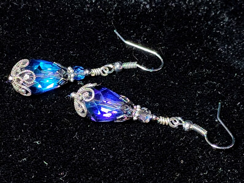 Bermuda Blue Victorian Earrings, Aqua Blue Purple Gothic Teardrop, Edwardian Bridal, Antique Silver Gunmetal, Titanic Temptations 14011 image 6