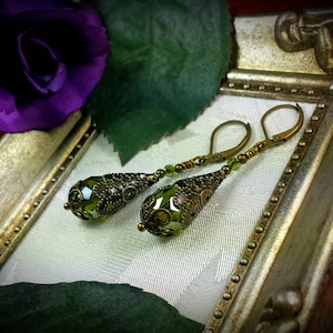 Peridot Green Gothic Earrings, Olivine Victorian Drop, Lime Teardrop Steampunk Olive Edwardian Antique Gold Bronze Titanic Temptations 18001 image 8