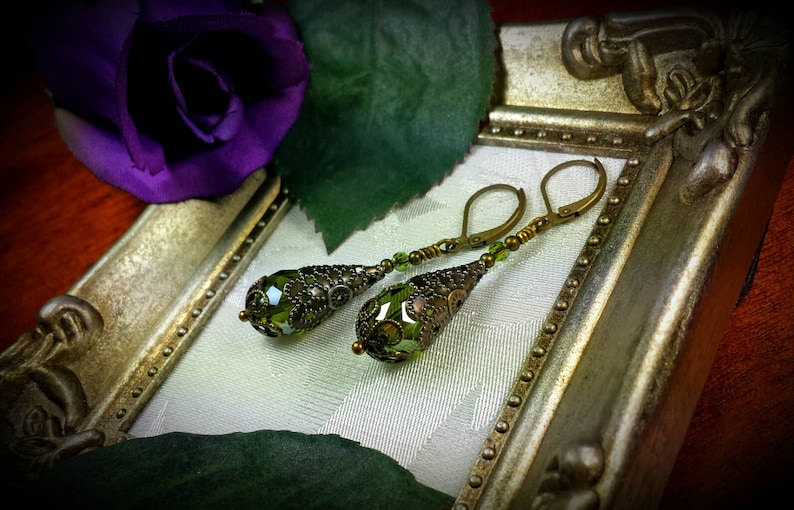 Peridot Green Gothic Earrings, Olivine Victorian Drop, Lime Teardrop Steampunk Olive Edwardian Antique Gold Bronze Titanic Temptations 18001 image 8