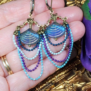 Aqua Blue Purple Victorian Earrings, Pearlized Seashell Charms Steampunk Mermaid Under the Sea Antique Gold Bronze Titanic Temptations 22006 image 2