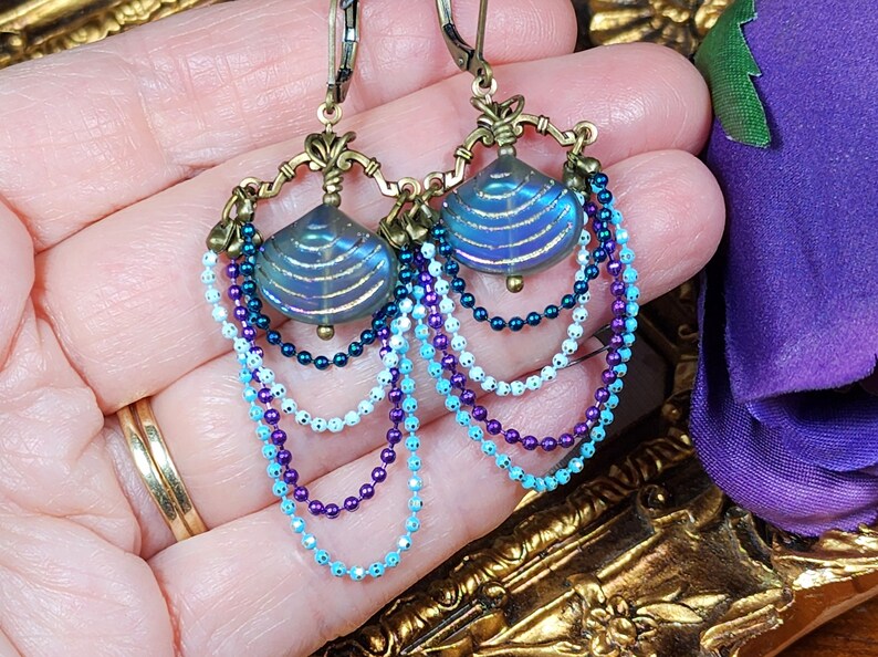 Aqua Blue Purple Victorian Earrings, Pearlized Seashell Charms Steampunk Mermaid Under the Sea Antique Gold Bronze Titanic Temptations 22006 image 2