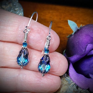 Bermuda Blue Victorian Earrings, Small Teardrop, Aqua Blue Purple Gothic, Edwardian Bridal Antique Silver Gunmetal Titanic Temptations 23003 image 4