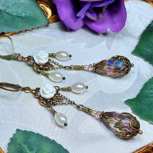 White Rose Victorian Earrings, Pink Teardrop Gothic Chandelier, Ivory Pearl Edwardian Bridal, Antique Gold Bronze, Titanic Temptations 18019 image 1