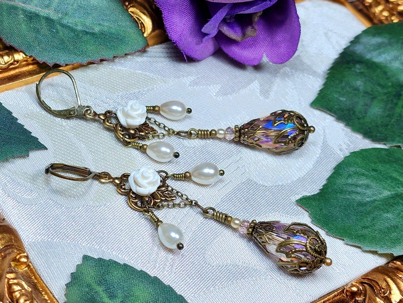 White Rose Victorian Earrings, Pink Teardrop Gothic Chandelier, Ivory Pearl Edwardian Bridal, Antique Gold Bronze, Titanic Temptations 18019 image 1