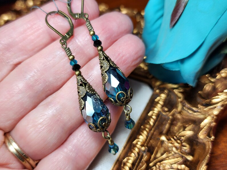 Peacock Blue Victorian Earrings, Teal Green Gothic Teardrop, Blue Zircon Edwardian Bridal, Antique Gold Bronze, Titanic Temptations 24001 image 10