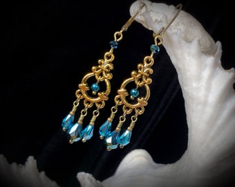 Blue Gold Chandelier Victorian Earrings, Blue Zircon Pearl Edwardian, Aqua Gothic Dangle, Peacock Blue Green Drop, Titanic Temptations 19009