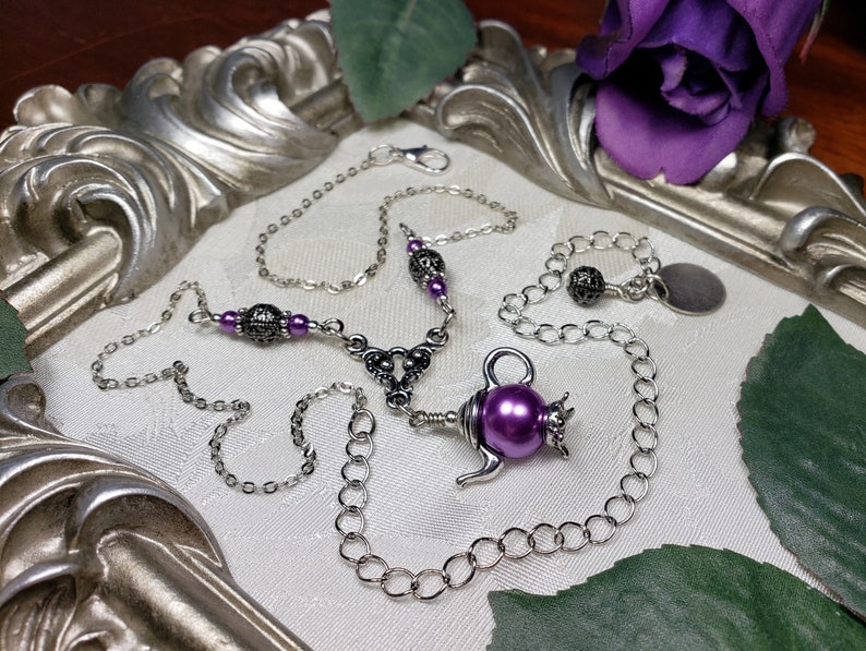 Purple Pearl Teapot Pendant, Amethyst Crystal Pearl, Lilac Teapot Charm Victorian Necklace, Antique Silver Tea Pot Titanic Temptations 21012 image 5