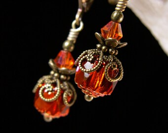 Orange Victorian Earrings, Red Orange Cathedral Crystal Edwardian Bridal Dangle Drops, Antiqued Brass Filigree, Titanic Temptations Jewelry