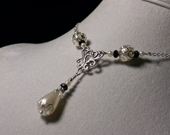 Klassieke zwarte witte parel zilver Victoriaanse bruids Choker, ivoor Crystal Pearl Drop Steampunk Edwardian halsketting, Titanic verleidingen 12036