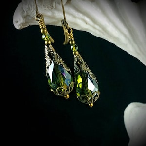 Peridot Green Gothic Earrings, Olivine Victorian Drop, Lime Teardrop Steampunk Olive Edwardian Antique Gold Bronze Titanic Temptations 18001 image 6