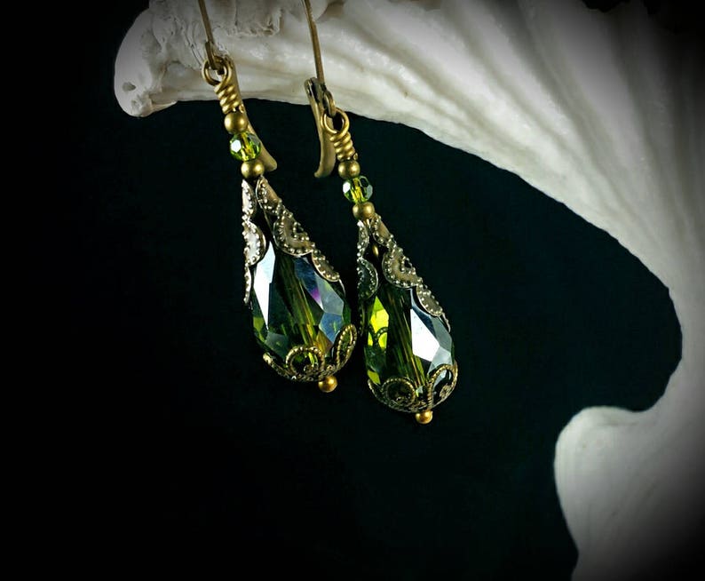 Peridot Green Gothic Earrings, Olivine Victorian Drop, Lime Teardrop Steampunk Olive Edwardian Antique Gold Bronze Titanic Temptations 18001 image 6