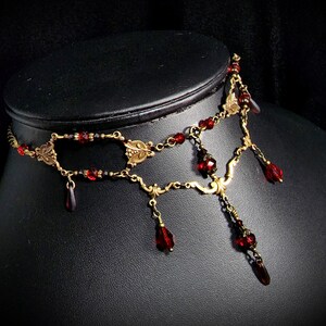 Blood Red Victorian Choker, Crimson Gothic Drop, Dark Red Edwardian Bridal, Scarlet Steampunk, Antique Gold Bronze Titanic Temptations 23004 image 1