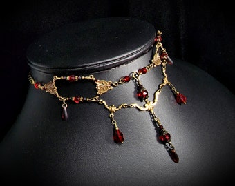 Blood Red Victorian Choker, Crimson Gothic Drop, Dark Red Edwardian Bridal, Scarlet Steampunk, Antique Gold Bronze Titanic Temptations 23004