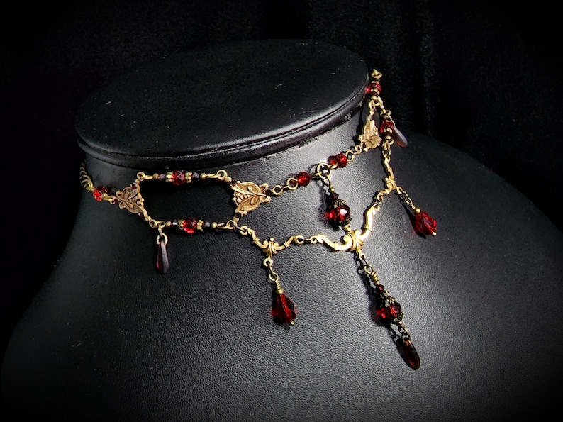 Blood Red Victorian Choker, Crimson Gothic Drop, Dark Red Edwardian Bridal, Scarlet Steampunk, Antique Gold Bronze Titanic Temptations 23004 image 1