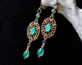 Aqua Green Victorian Earrings, Gothic Palace Mint Green Opal Blue Green Pearl Edwardian Bridal Antique Gold Bronze Titanic Temptations 25004