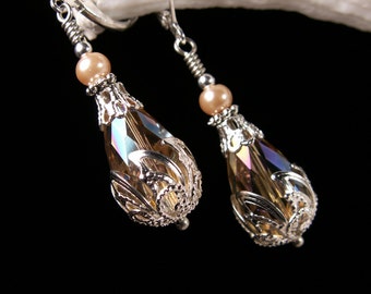 Pink Champagne Silver Victorian Earrings, Gold Crystal Teardrop Edwardian Bridal Drops, Antiqued Silver Filigree, Titanic Temptations 13013