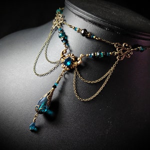 Peacock Blue Victorian Choker, Teal Green Gothic, Blue Zircon Edwardian Bridal, Steampunk, Antiqued Gold Bronze, Titanic Temptations 24001 image 1