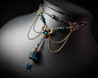 Peacock Blue Victorian Choker, Teal Green Gothic, Blue Zircon Edwardian Bridal, Steampunk, Antiqued Gold Bronze, Titanic Temptations 24001