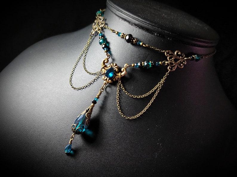 Peacock Blue Victorian Choker, Teal Green Gothic, Blue Zircon Edwardian Bridal, Steampunk, Antiqued Gold Bronze, Titanic Temptations 24001 image 1