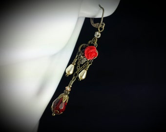 Ox Blood Red Rose Victorian Earrings, Crimson Gothic, Scarlet Drop, Ivory Pearl Edwardian Bridal, Antique Gold Bronze, Titanic Temptations