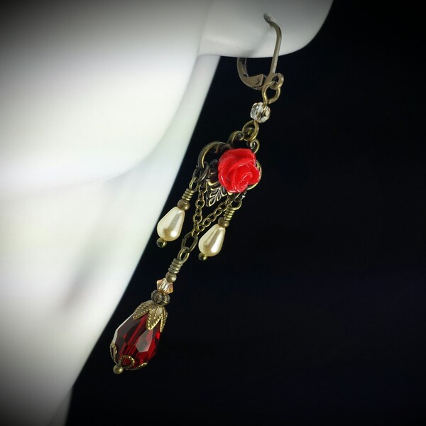 Ox Blood Red Rose Victorian Earrings, Crimson Gothic, Scarlet Drop, Ivory Pearl Edwardian Bridal, Antique Gold Bronze, Titanic Temptations