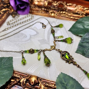 Peridot Green Victorian Choker, Gothic Heart, Lime Green Heartstone, Olivine Edwardian Bridal, Antique Gold Bronze Titanic Temptations 23005 image 7